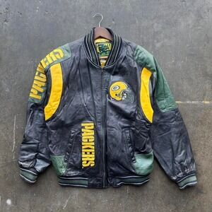 Vintage 90 Green Bay Packers Leather Jacket Carl Banks G3 Sz L